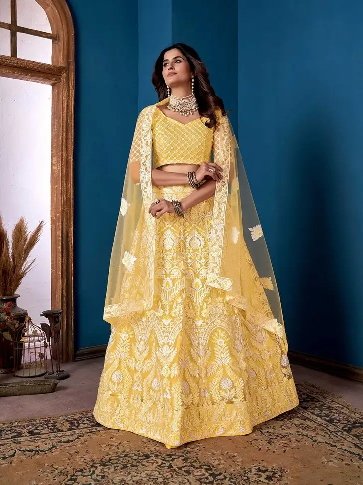 Embroidered Semi Stitched Lehenga Choli (Yellow) – Glow Up Your Festive Style - Apnivaa