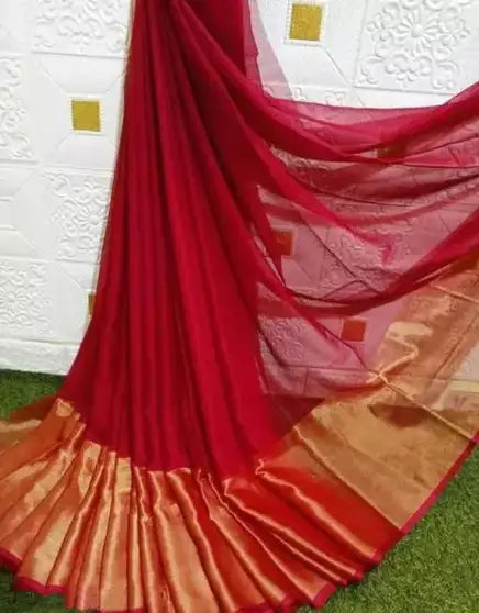 Solid Assam Silk Chiffon Saree (Red)