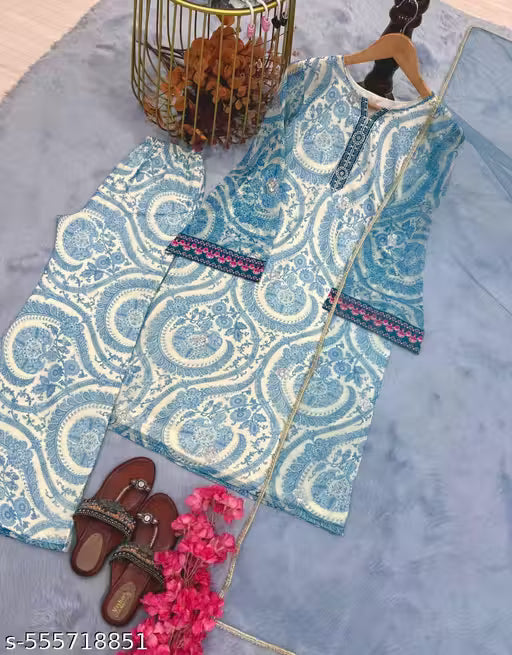 “Apniva Luxe presents: Elegant Sky Blue Palazzo Kurta Set – Premium Fabric, Stylish Design.”