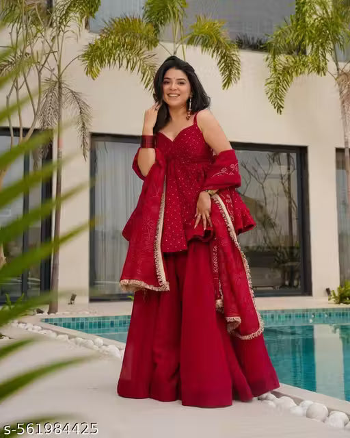 Beautiful Embroidered Red Party Wear Ready-made Suits | Vibrant Colored Kurta & Palazzo with Dupatta | Women’s Sharara Kurta Set