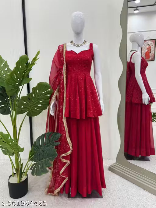 Beautiful Embroidered Red Party Wear Ready-made Suits | Vibrant Colored Kurta & Palazzo with Dupatta | Women’s Sharara Kurta Set
