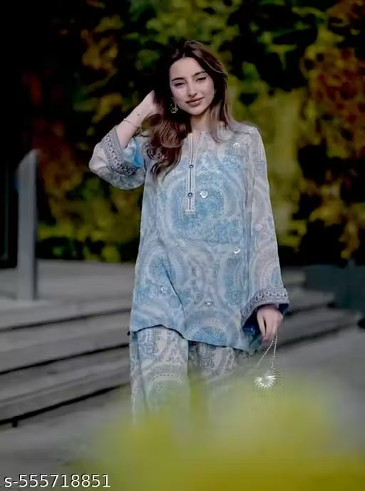 “Apniva Luxe presents: Elegant Sky Blue Palazzo Kurta Set – Premium Fabric, Stylish Design.”